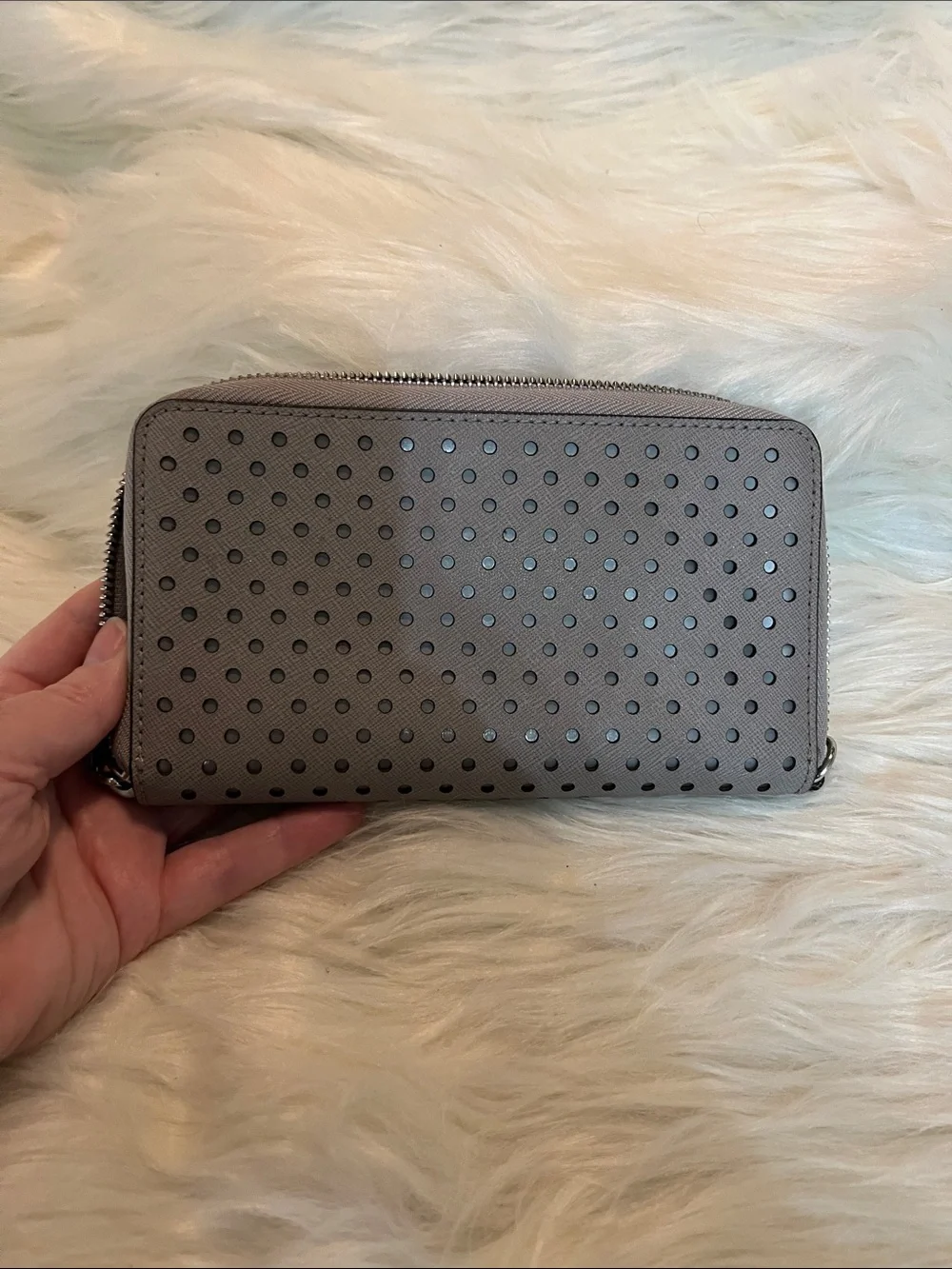 Michael Kors Gray Perforated Zip Wallet with Silver Accents